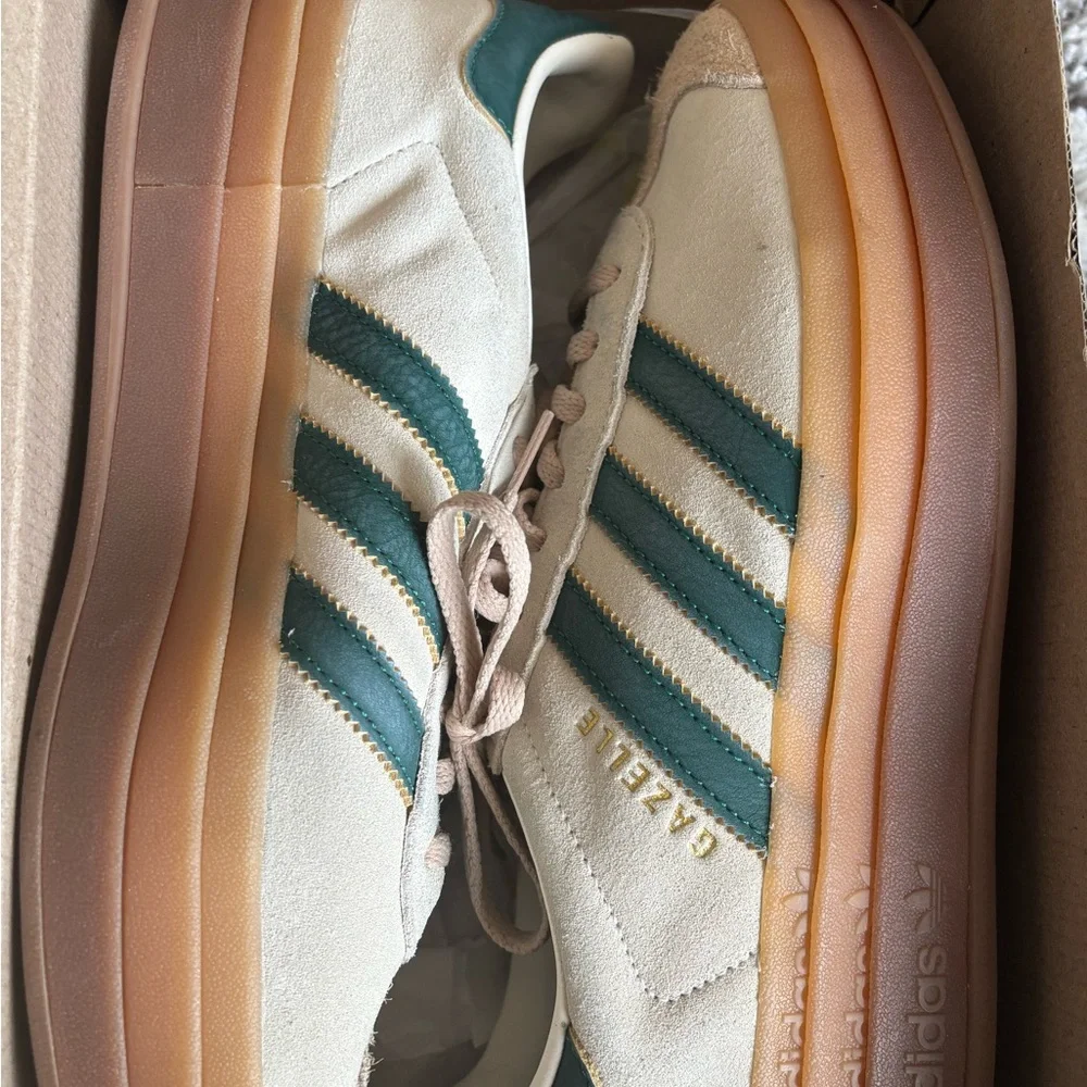 adidas Gazelle Platform Sneakers in Cream and Green with Gum Sole - Picture 1 of 7